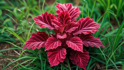 Poster - Vibrant red Coleus plant amidst lush green grass showcasing the beauty of ornamental foliage in a natural garden setting.