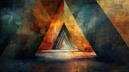 Poster - Exploring abstract triangular pathways digital art vibrant colors surreal environment perspective view conceptual exploration