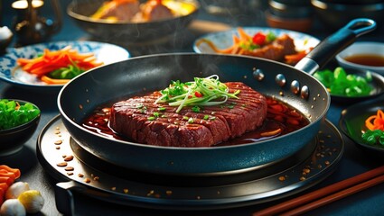 Poster - Beef Cooking on Steel Pan Surrounded by Colorful Korean Dishes with Empty Space for Text in a Culinary Setting