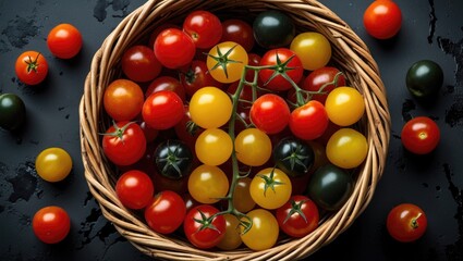 Aufkleber - Assorted Cherry Tomatoes in Wicker Basket on Dark Background Vibrant Red Yellow and Black Plump Tomatoes Fresh Organic Healthy Vegetables