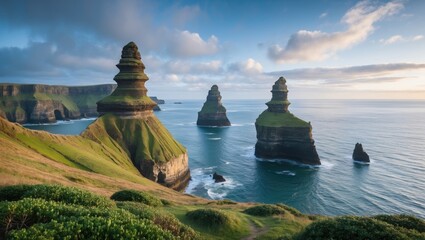 Sticker - Dramatic Coastal Landscape Featuring Majestic Sea Stacks Against a Tranquil Ocean Backdrop at Sunrise or Sunset