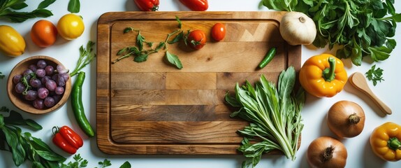 Poster - Wooden cutting board surrounded by fresh vegetables and herbs on a white surface with ample space for text or culinary design elements.