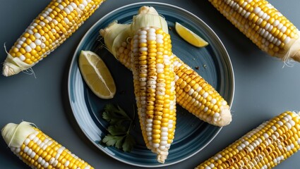 Poster - Colorful Street Corn with Lime and Herbs on a Plate Surrounded by Fresh Corn Cobs, Top View Layout on a Gray Surface