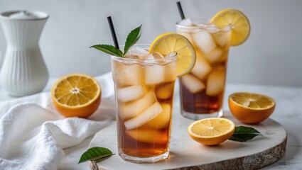 Aufkleber - Refreshing Iced Tea with Lemon and Fresh Oranges on a Marble Surface