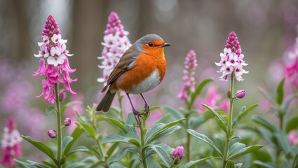 Aufkleber - Robin Bird Among Blooming Pink Flowers in Springtime Garden with Copy Space for Text