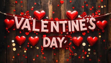 Poster - Valentine's Day celebration banner featuring red hearts and confetti on rustic wood, perfect for expressing love and holiday spirit.