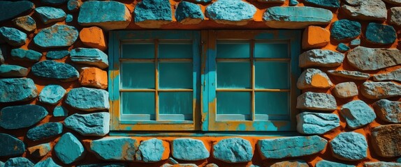 Poster - Charming rustic stone wall featuring an elegantly framed blue window as a focal point for architectural design themes.
