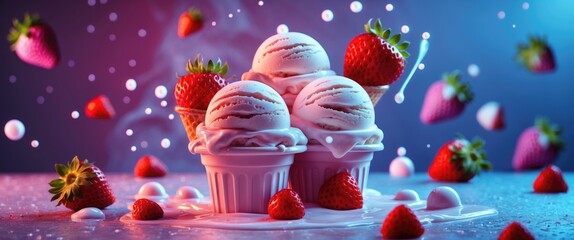 Aufkleber - Delicious ice cream with strawberry backdrop and vibrant splashes creating a playful scene with space for promotional text.