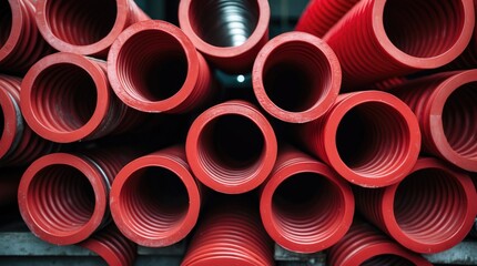 Aufkleber - Industrial close-up of red corrugated plastic pipes stacked for construction or plumbing use, showcasing their texture and vibrant color.