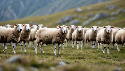 Poster - Flock of sheep grazing on lush mountain pasture with scenic green hills in the background during a bright day in nature landscape.