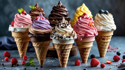 Aufkleber - Delicious Ice Cream Cones Displayed with Assorted Flavors and Colorful Toppings for a Tempting Dessert Treat