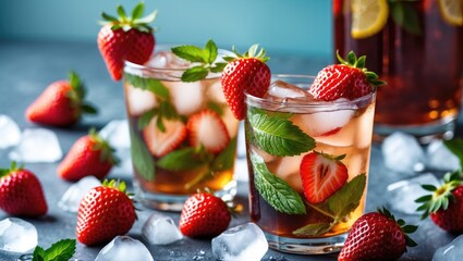 Aufkleber - Refreshing iced tea with strawberries and mint on a blue background perfect for summer drinks and beverage promotions.