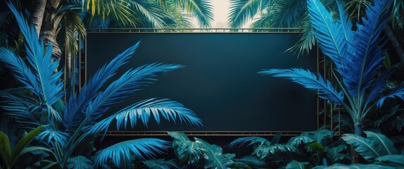 Aufkleber - Tropical jungle banner featuring blue palm leaves with dark copy space for versatile web design applications
