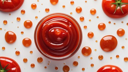 Poster - Tomato sauce and ketchup droplets arranged artistically on a white background with fresh tomatoes, top view for food photography or culinary use