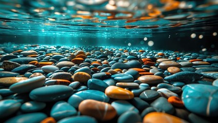 Sticker - Underwater view of colorful pebbles creating a serene and tranquil background with shimmering light effects and clear blue water ambiance.