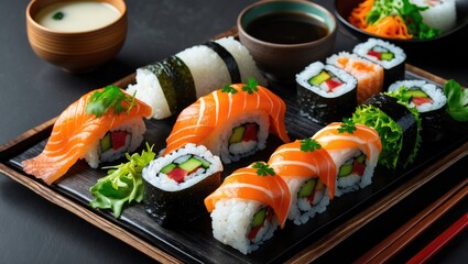 Aufkleber - Assorted Japanese sushi platter featuring salmon rolls, fresh vegetables, salad, and miso soup on a dark wooden background.