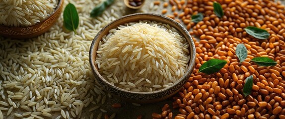 Poster - Basmati rice grains in a bowl surrounded by raw lentils and spices on a textured background showcasing natural ingredients and flavors.