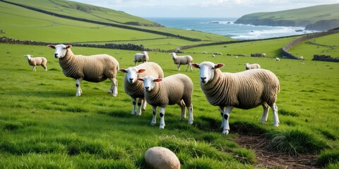 Aufkleber - Scenic Countryside View with Sheep and Lambs Grazing on Lush Green Fields Overlooking the Ocean and Rolling Hills with Copy Space for Text