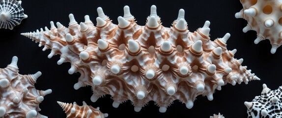 Aufkleber - Intricate Spiny Murex Seashell Arrangement on Black Background with Room for Text Integration
