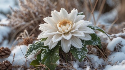 Poster - Rustic winter flower showcasing delicate petals and snow-covered leaves in a serene outdoor setting.
