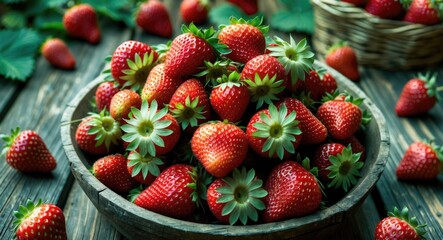 Leinwandbilder - Freshly harvested strawberries in a wooden bowl on a rustic background, highlighting organic, eco-friendly summer produce and garden abundance.