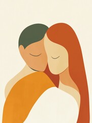 Poster - Two people embrace in a minimalist illustration expressing warmth and connection in a serene and simple style. Generative AI
