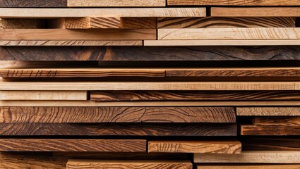 Wall Mural - Textured background of assorted wooden planks in various shades of brown arranged in layered composition for design and craftsmanship themes