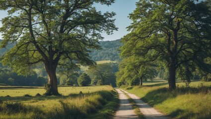 Sticker - Serene Country Road Framed By Lush Trees With Open Space For Text And Scenic Landscape In The Background