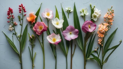 Wall Mural - Colorful assortment of flowers with long leaves arranged on a light blue background showcasing their natural beauty and diversity.