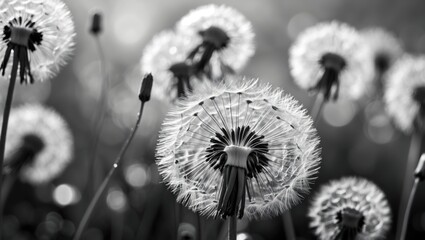 Poster - Dandelion Puffs in Macro Monochrome Capturing Delicate Textures and Light Reflections in a Serene Black and White Composition