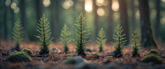 Poster - Newly sprouted pine shoots in a serene forest setting with soft bokeh and warm sunlight filtering through trees in the background.