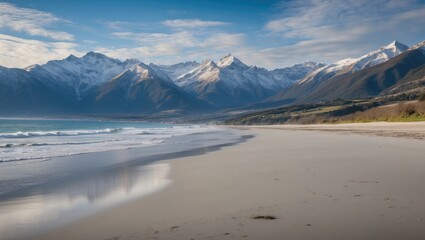 Poster - Stunning Coastal Landscape Featuring Snow-Capped Mountains and Peaceful Beach Reflections Under a Clear Sky