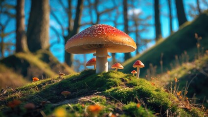 Poster - Mushroom cluster on a gently sloping hillock in a sunlit forest setting showcasing vibrant colors and natural beauty.