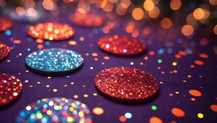 Poster - Vibrant multicolor glitter background with shimmering red and blue circles on a deep purple canvas creating a festive bokeh lights effect.
