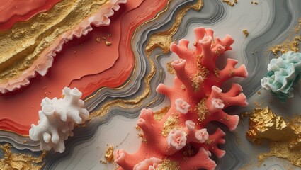 Poster - Coral-inspired abstract artwork featuring vibrant colors and marble-like textures with golden accents in a contemporary fine art style.