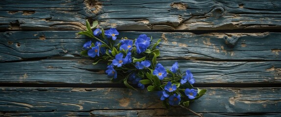 Poster - Wooden background texture with blue flowers for rustic and natural decor themes.