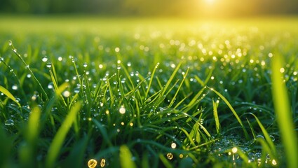 Poster - Morning Dew on Lush Green Grass Illuminated by Soft Yellow Light in Spring Nature Scene Evoking Purity and Freshness with Shallow Focus