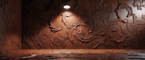 Poster - Chocolate Brown Venetian Plaster Wall with Spotlight Artistic Texture and Copy Space for Decorative Background Design