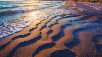Poster - Serene sandy beach with gentle waves and sunlight reflecting on the water, showcasing intricate patterns in the sand.