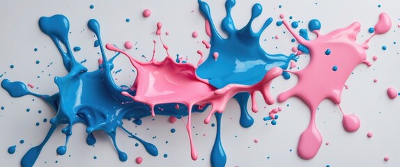 Poster - Vibrant blue and pink paint splashes artistically blended against a clean white background showcasing creativity and color diversity.