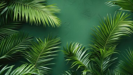 Poster - Tropical palm leaves arranged elegantly on a vivid green background for a lush and vibrant nature-themed design.