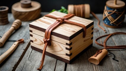 Poster - Handmade Wooden Box with Leather String on Rustic Table Surrounded by Craft Tools and Empty Copy Space for Text or Branding