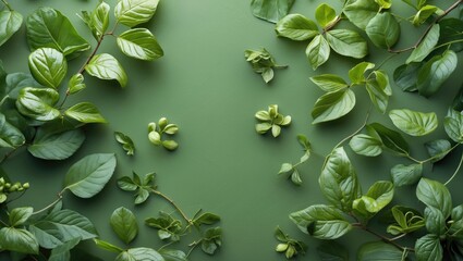 Poster - Lush green foliage arranged artfully on a vibrant green background ideal for nature-themed projects and eco-friendly designs.