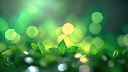 Poster - Lush green foliage with soft bokeh background creating a serene natural atmosphere perfect for presentations or digital designs.