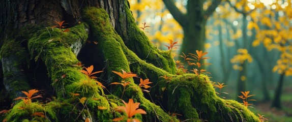 Poster - Moss covered tree roots in a serene forest with autumn foliage and soft sunlight creating a tranquil natural atmosphere