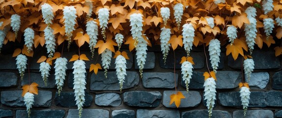 Poster - Autumn ivy flowers cascading down a stone wall with vibrant orange leaves creating a natural and decorative design element for outdoor aesthetics.