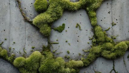Poster - Moss growth patterns on textured concrete surface creating a natural and organic visual contrast in a modern environment.