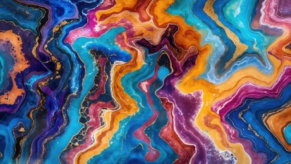 Poster - Vibrant abstract multicolored marble texture featuring flowing natural patterns in blue, orange, purple, and gold tones for artistic designs.