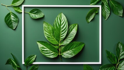 Poster - Green Leaf Close-Up Presentation with White Frame on Solid Green Background Showcasing Nature and Texture for Creative Designs