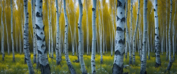 Poster - Spring birch forest with white bark and vibrant foliage in Rostov region, Russia, showcasing nature's beauty and tranquil landscape.
